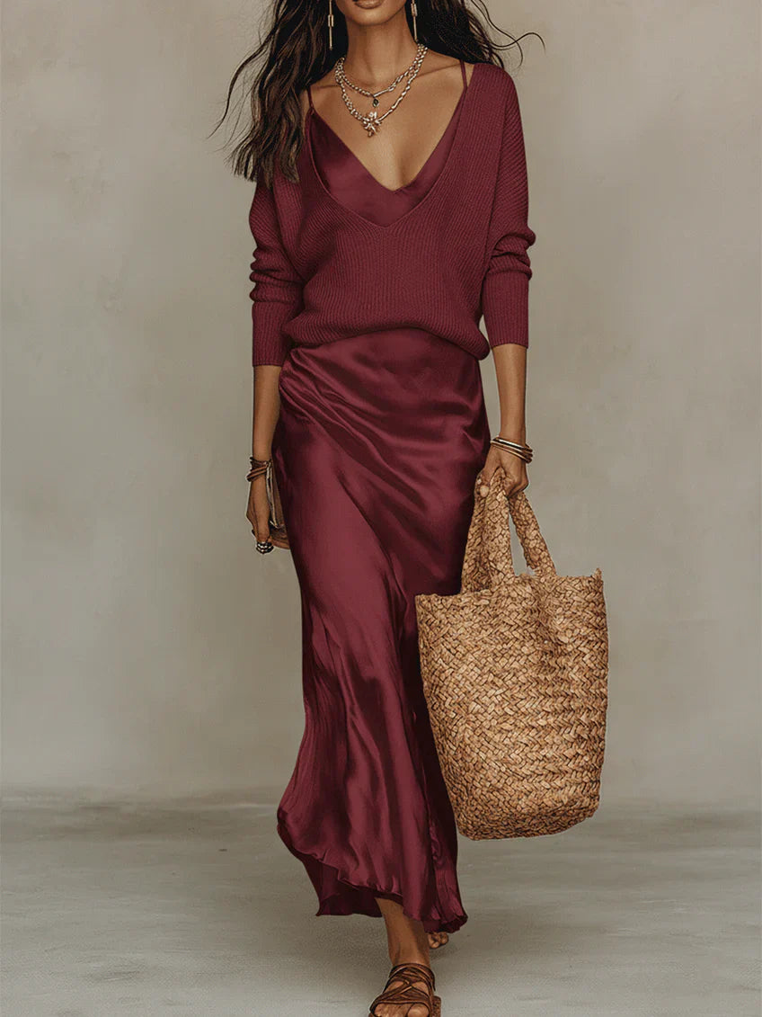 Elena • Abito Satinato Midi con Maglione Incluso