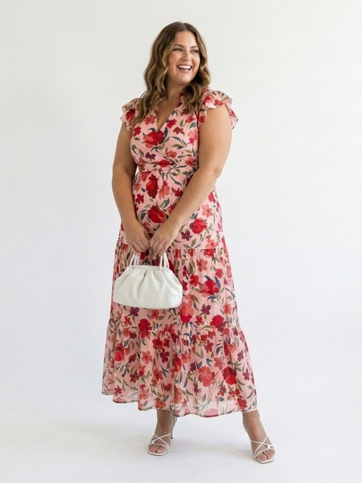 Lila | Abito midi a balze con scollo a V e motivi floreali
