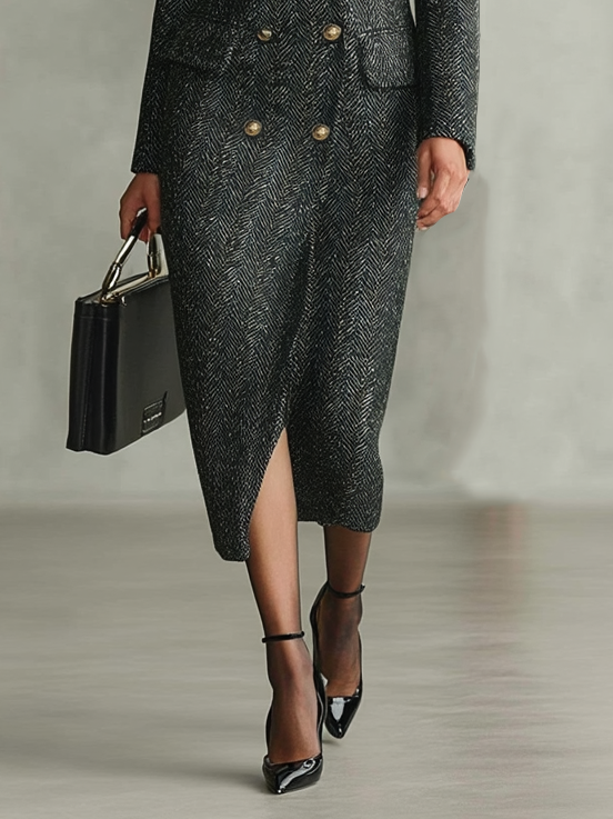 Cappotto lungo con colletto in pelliccia staccabile e design minimalista a spina di pesce