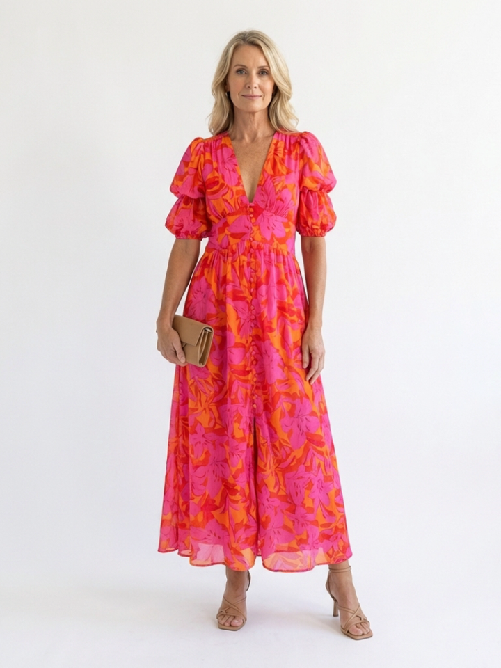 Willow | Abito midi a scollo a V con maniche a sbuffo e motivo floreale