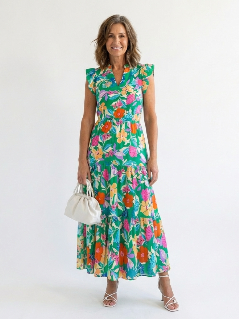 Lila | Abito midi a balze con scollo a V e motivi floreali