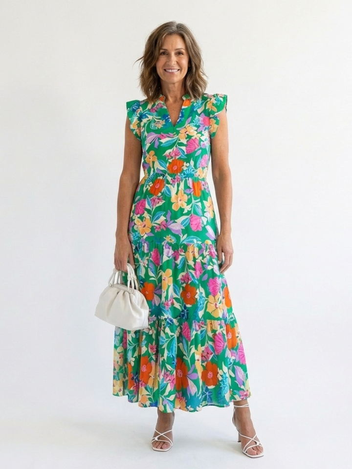 Lila | Abito midi a balze con scollo a V e motivi floreali