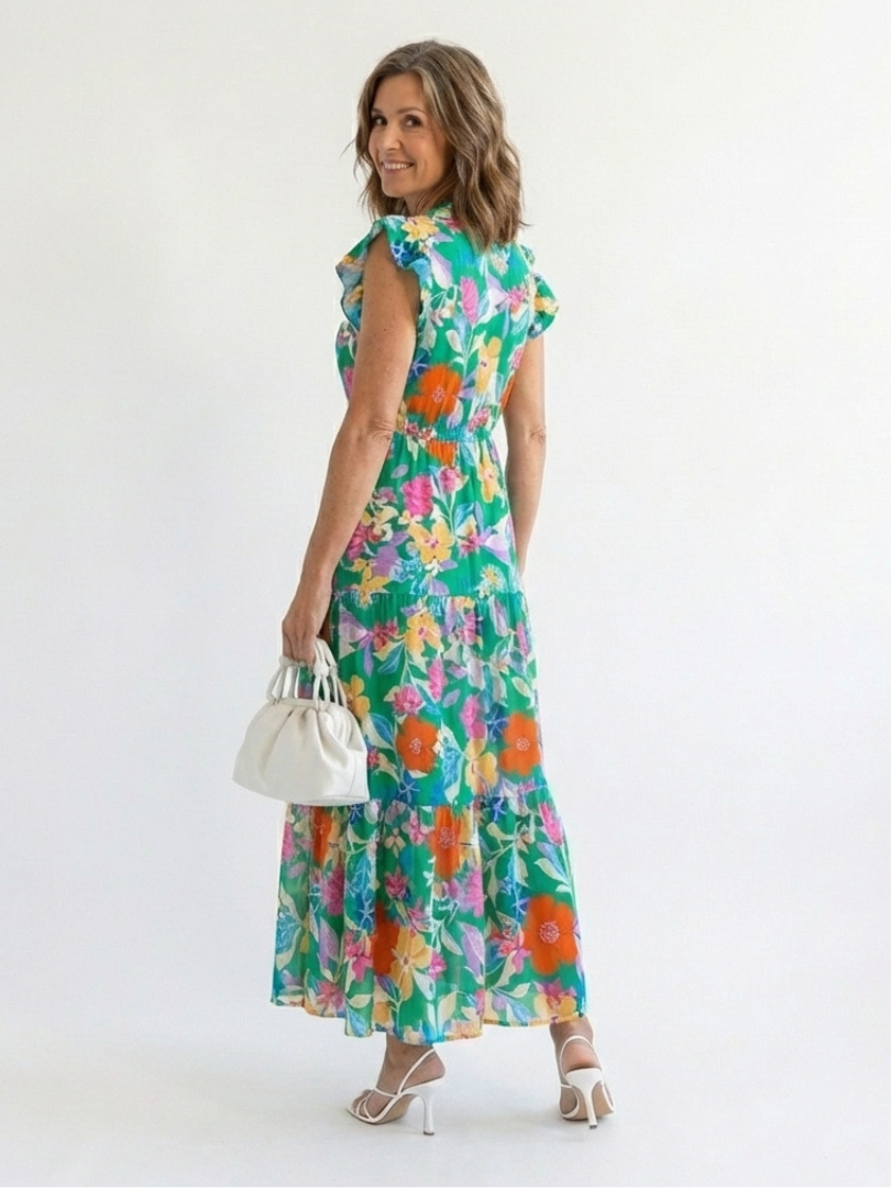 Lila | Abito midi a balze con scollo a V e motivi floreali