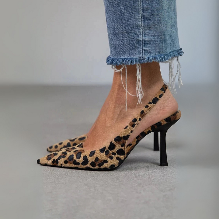Seda | Décolleté con punta affusolata in stampa leopardata khaki con tacco a stiletto