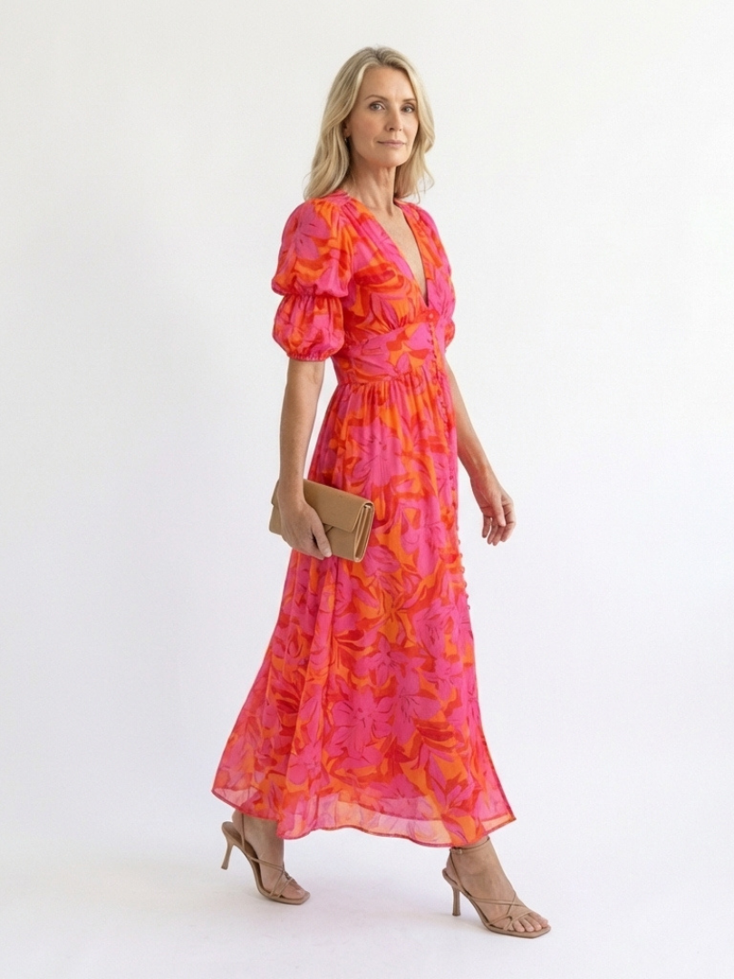 Willow | Abito midi a scollo a V con maniche a sbuffo e motivo floreale