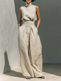 Maria - Completo di canotta e pantaloni larghi in cotone e lino minimalista per donna