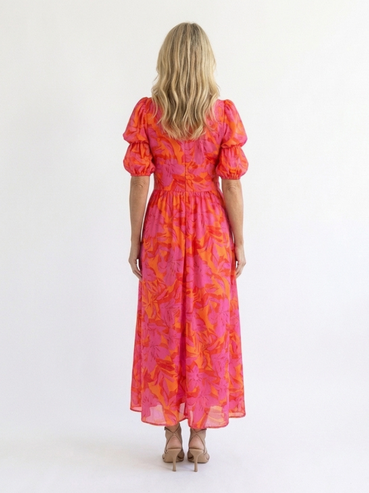 Willow | Abito midi a scollo a V con maniche a sbuffo e motivo floreale