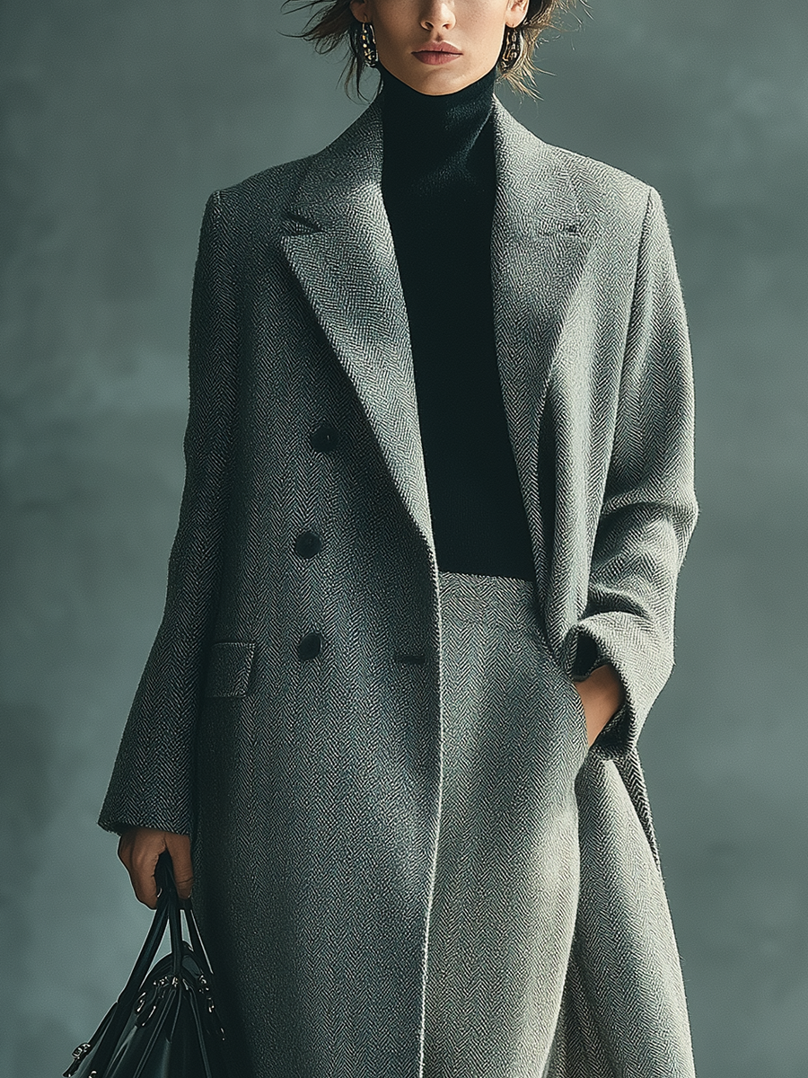 Cappotto grigio in misto lana e fibra con motivo a spina di pesce.