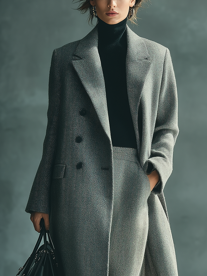 Cappotto grigio in misto lana e fibra con motivo a spina di pesce.