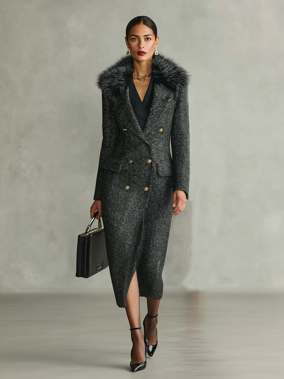 Cappotto lungo con colletto in pelliccia staccabile e design minimalista a spina di pesce