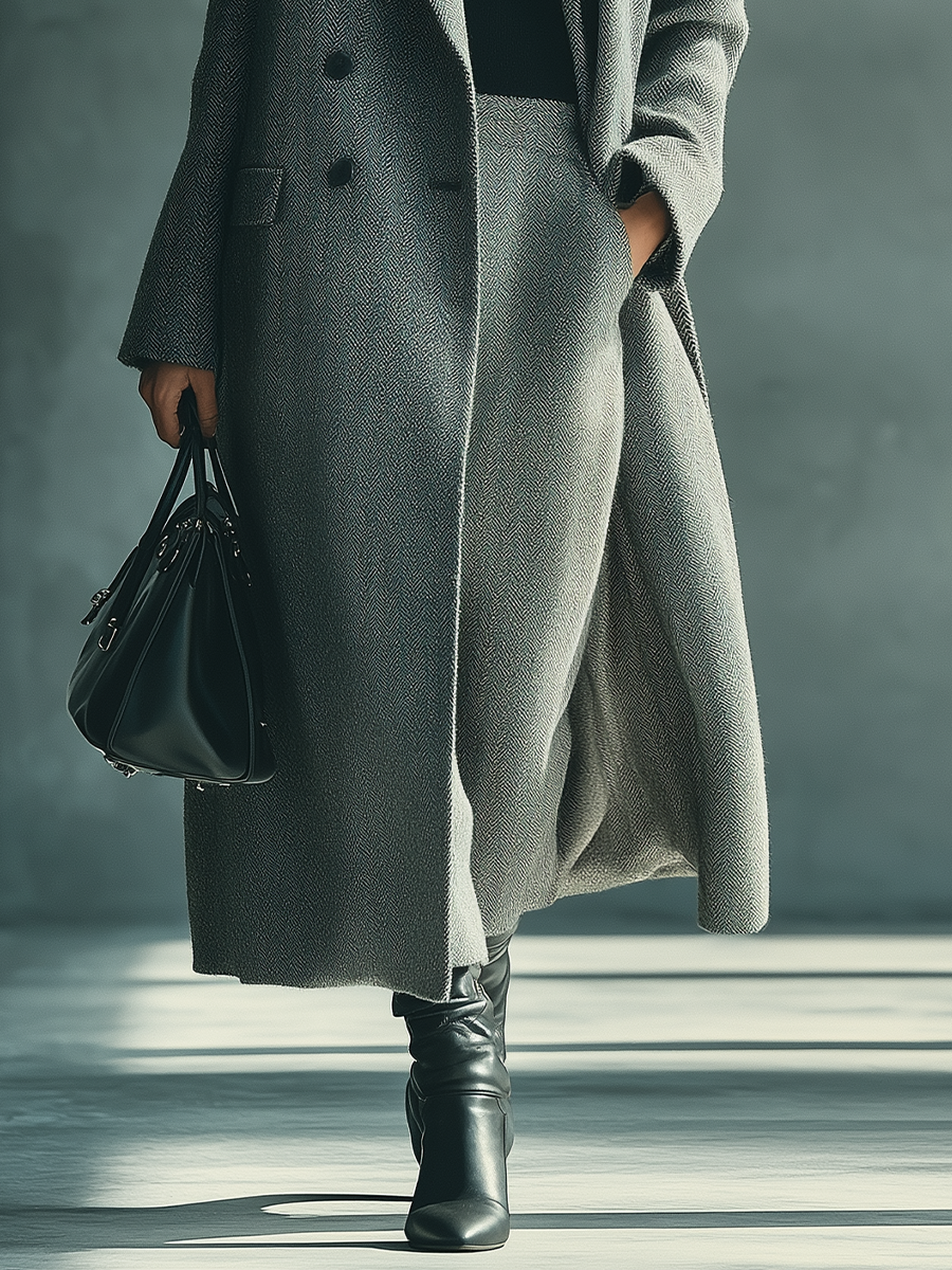 Cappotto grigio in misto lana e fibra con motivo a spina di pesce.