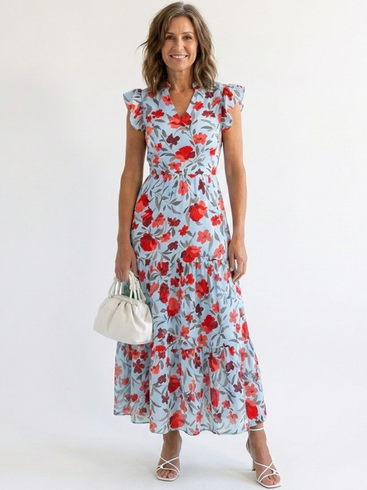 Lila | Abito midi a balze con scollo a V e motivi floreali