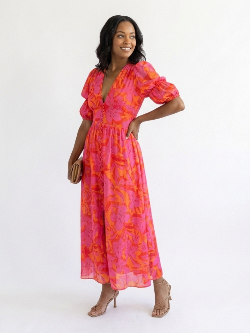 Willow | Abito midi a scollo a V con maniche a sbuffo e motivo floreale
