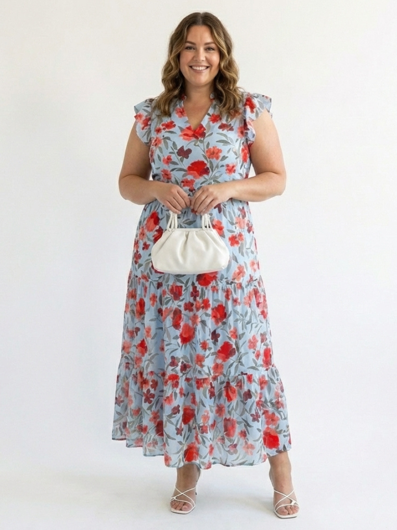 Lila | Abito midi a balze con scollo a V e motivi floreali