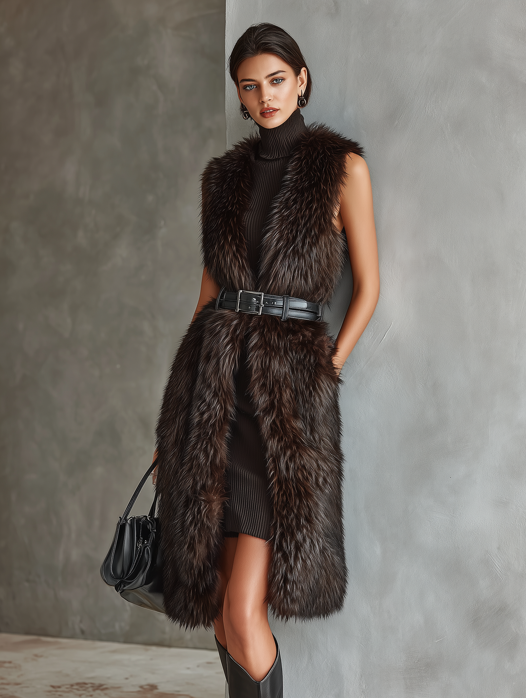 Gilet in pelliccia sintetica marrone scuro