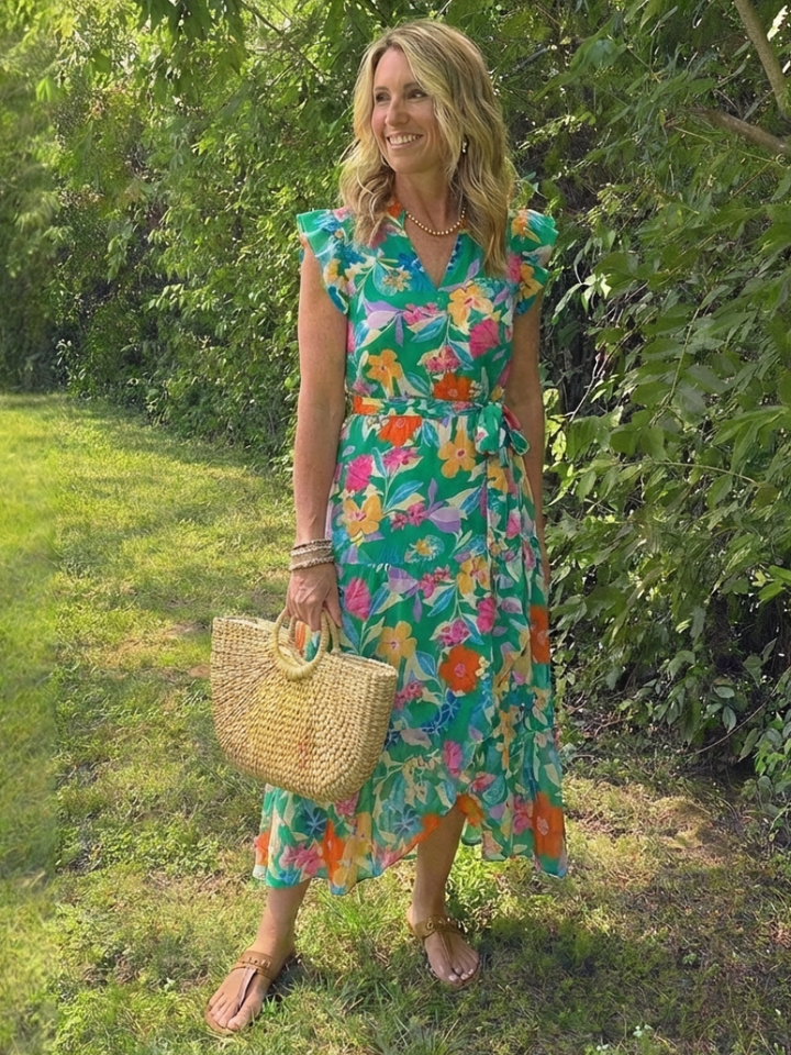 Lila | Abito midi a balze con scollo a V e motivi floreali