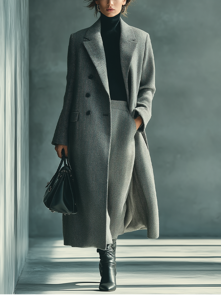 Cappotto grigio in misto lana e fibra con motivo a spina di pesce.