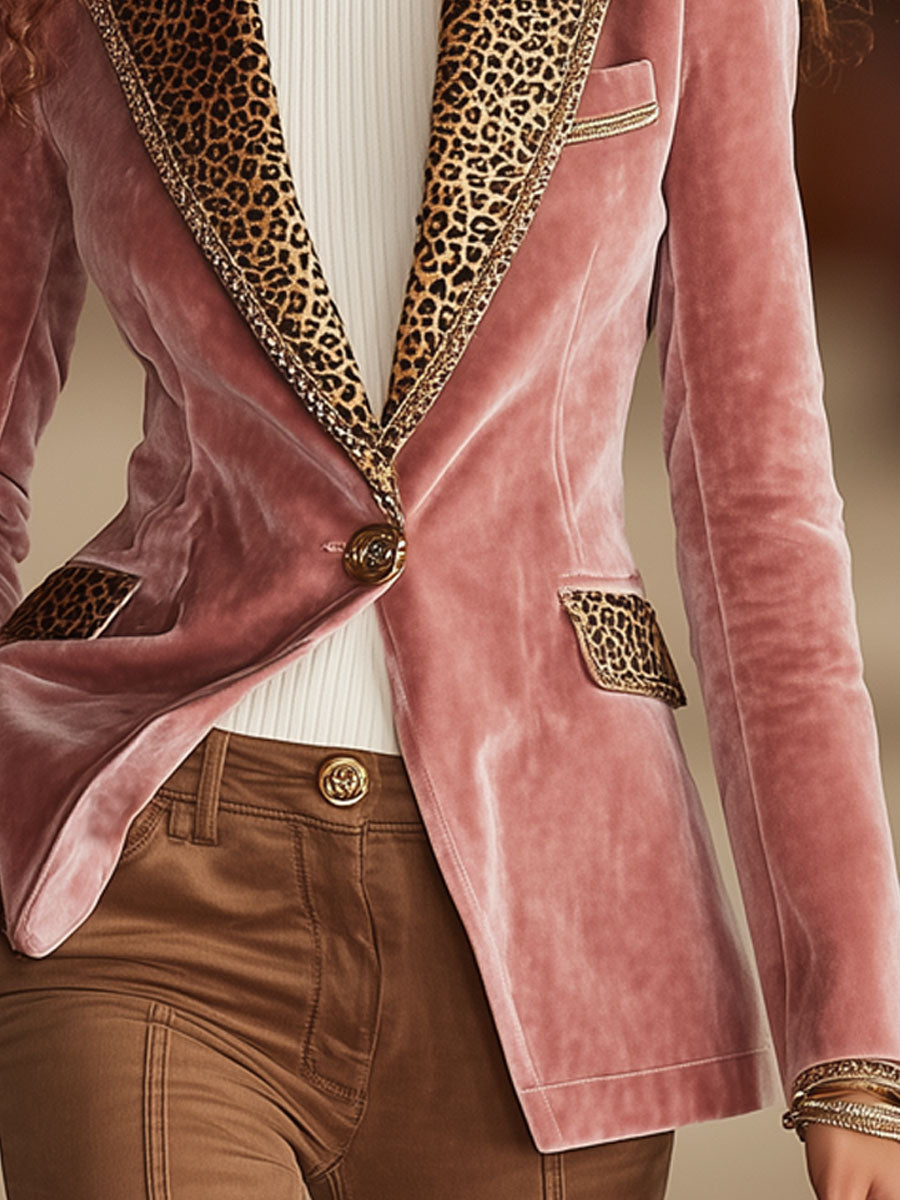 Brunella | Blazer a un bottone con stampa leopardata e cuciture in velluto rosa