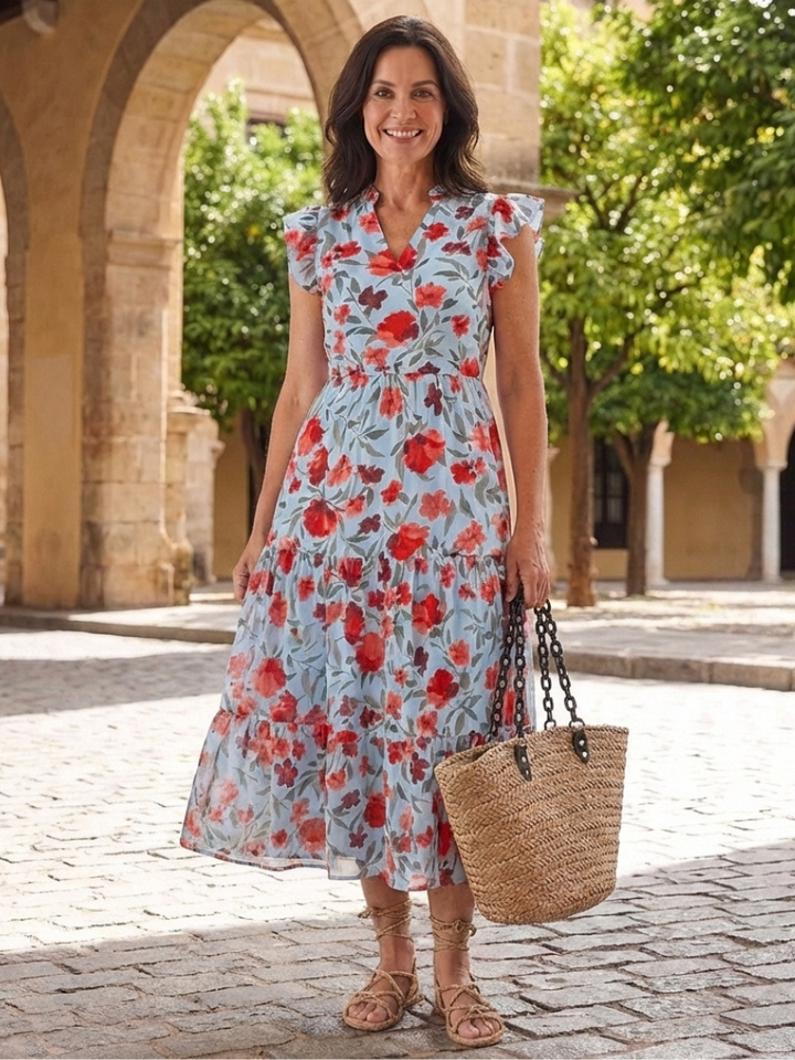 Lila | Abito midi a balze con scollo a V e motivi floreali