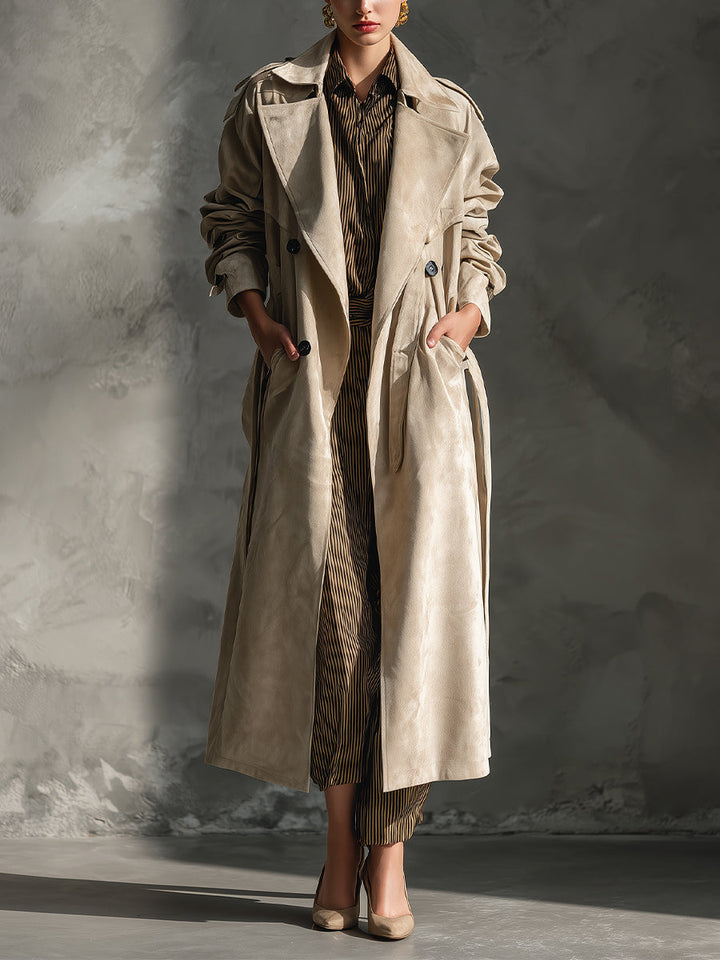 Cappotto in gabardine scamosciato beige classico con bottoni doppi