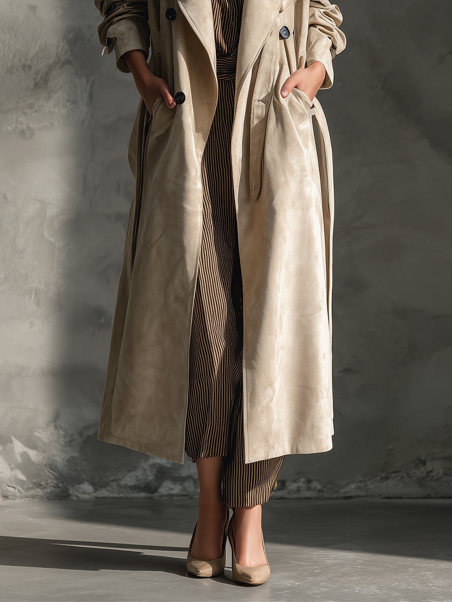 Cappotto in gabardine scamosciato beige classico con bottoni doppi