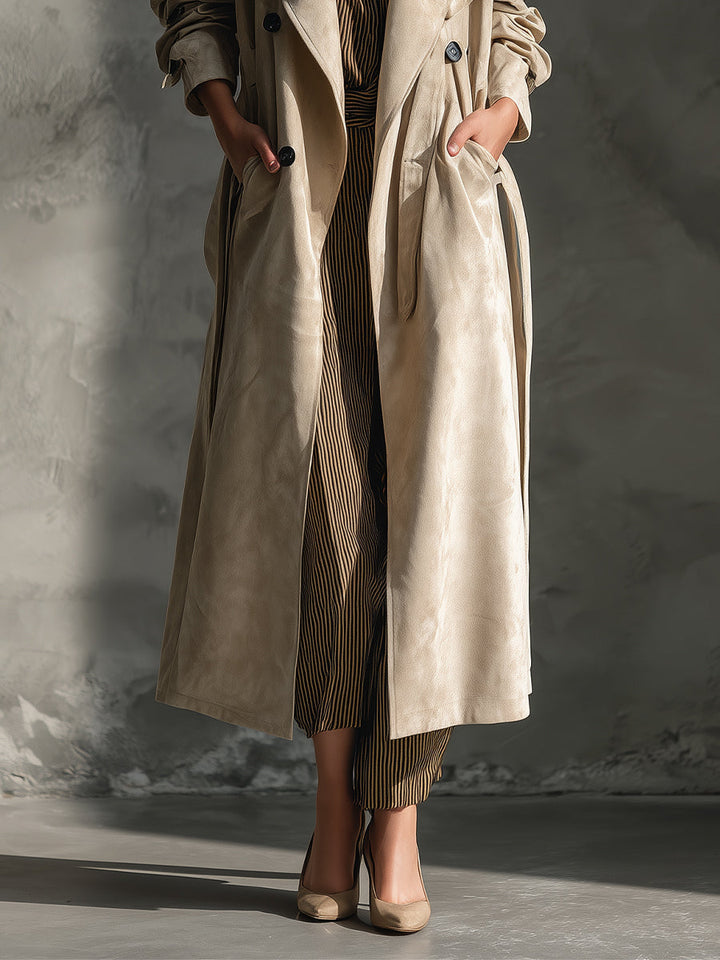 Cappotto in gabardine scamosciato beige classico con bottoni doppi