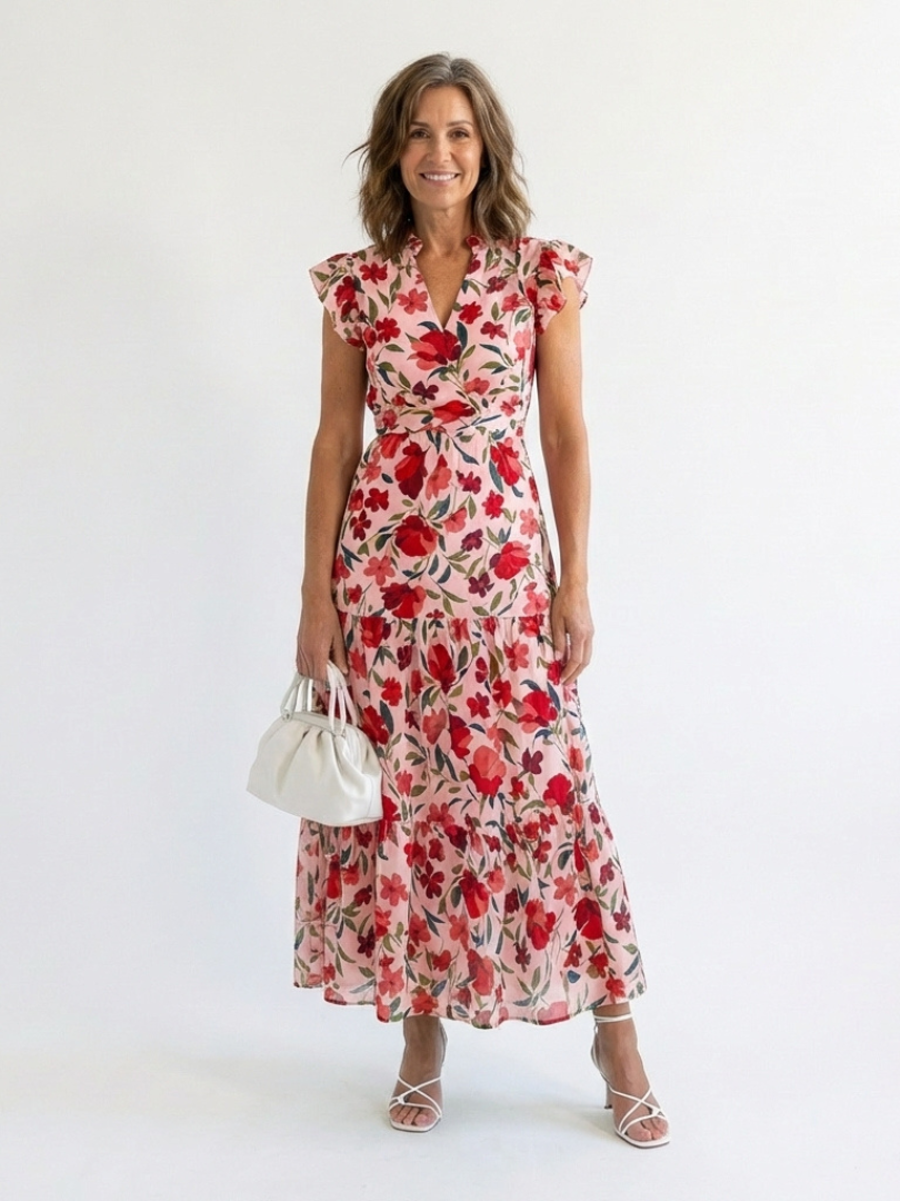 Lila | Abito midi a balze con scollo a V e motivi floreali