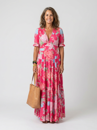 Ione | Abito midi a maniche corte con scollo a V e motivo floreale