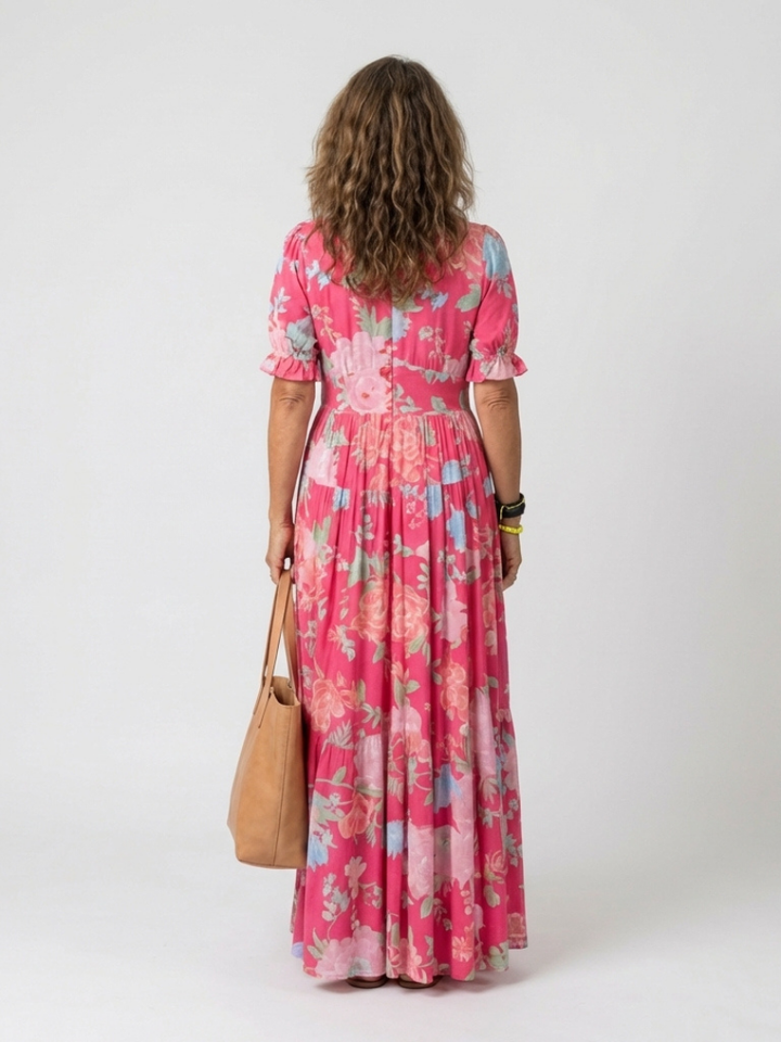 Ione | Abito midi a maniche corte con scollo a V e motivo floreale