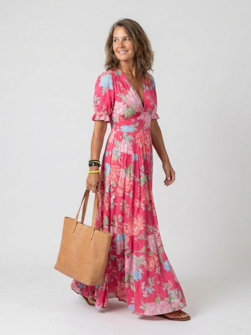 Ione | Abito midi a maniche corte con scollo a V e motivo floreale