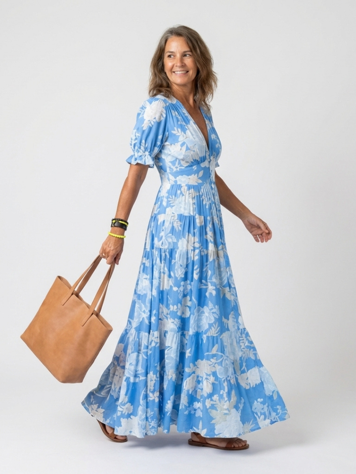 Ione | Abito midi a maniche corte con scollo a V e motivo floreale