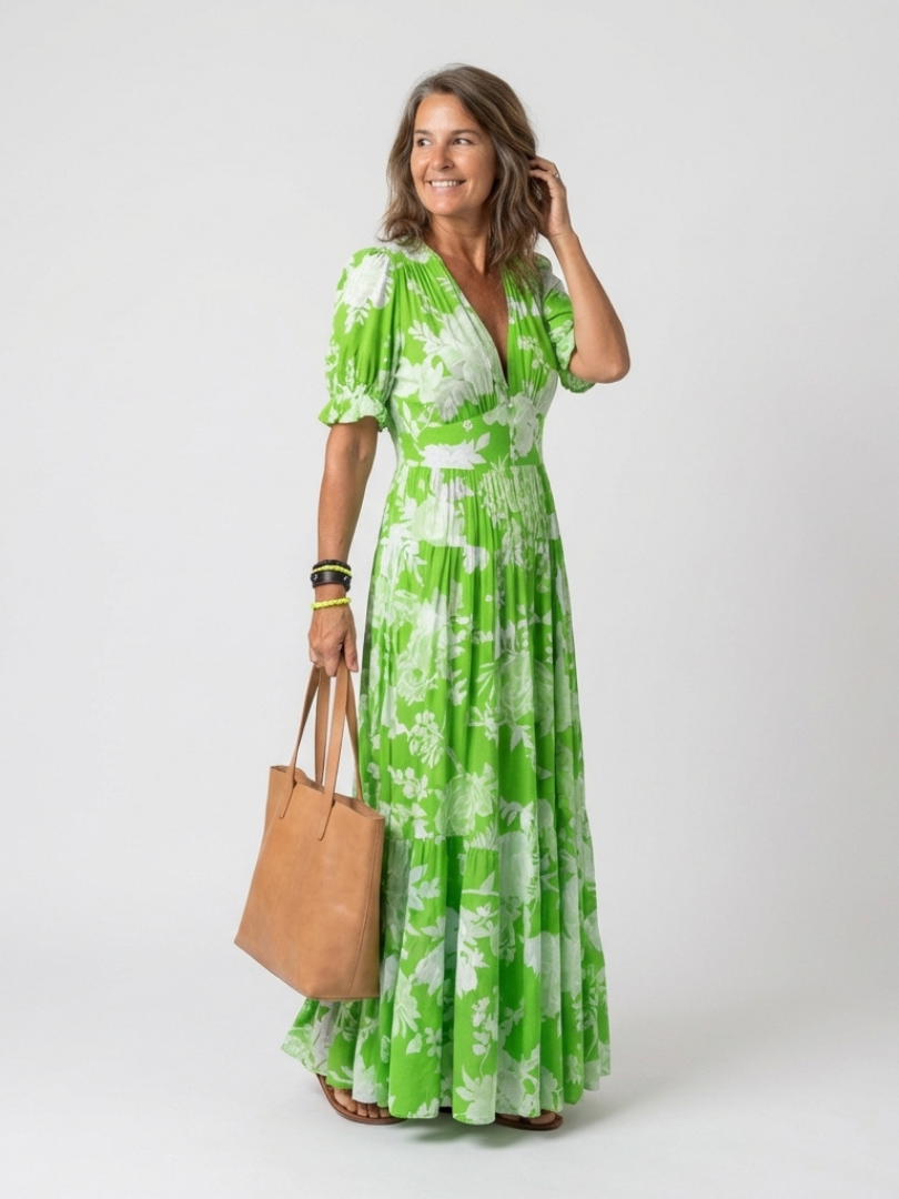 Ione | Abito midi a maniche corte con scollo a V e motivo floreale