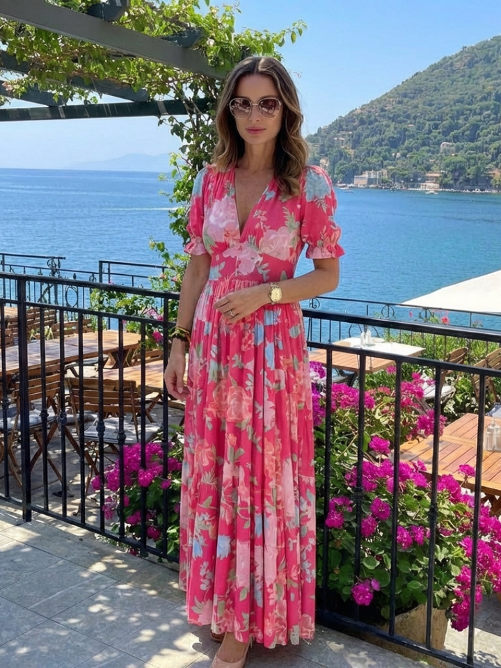 Ione | Abito midi a maniche corte con scollo a V e motivo floreale