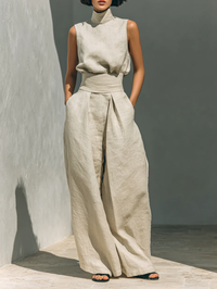 Aurora • Set composto da top senza maniche beige in misto cotone-lino finto e pantaloni a gamba larga