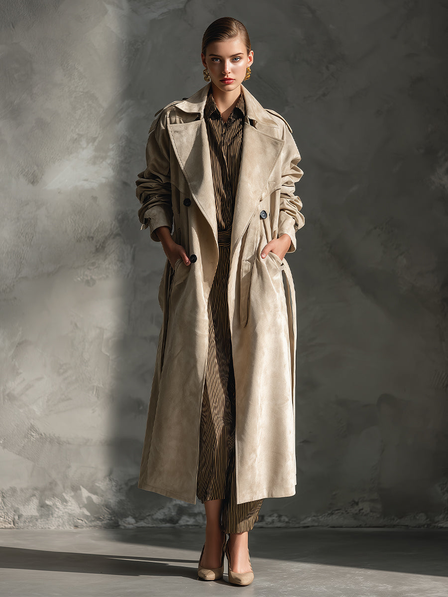 Cappotto in gabardine scamosciato beige classico con bottoni doppi