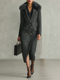 Cappotto lungo con colletto in pelliccia staccabile e design minimalista a spina di pesce