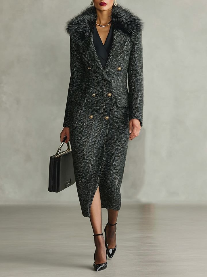 Cappotto lungo con colletto in pelliccia staccabile e design minimalista a spina di pesce