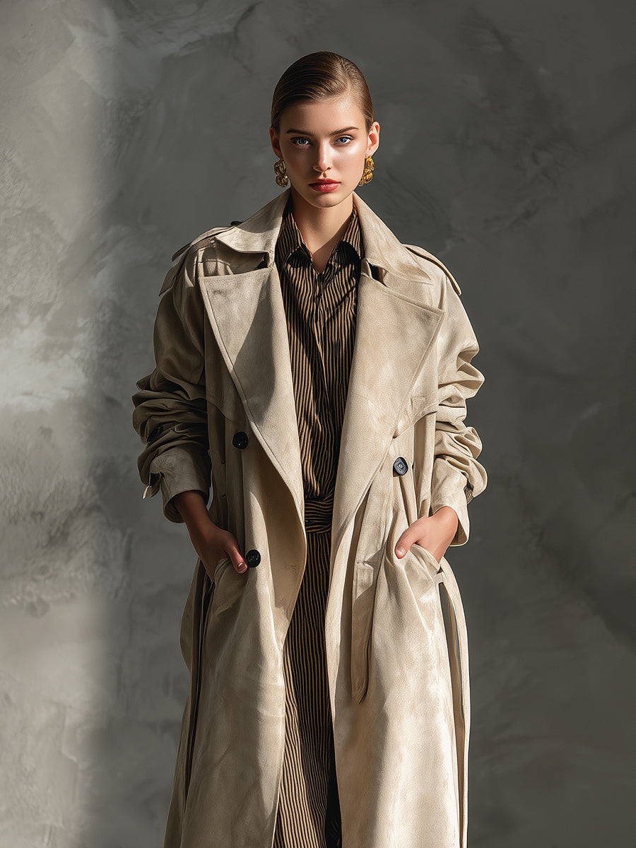Cappotto in gabardine scamosciato beige classico con bottoni doppi