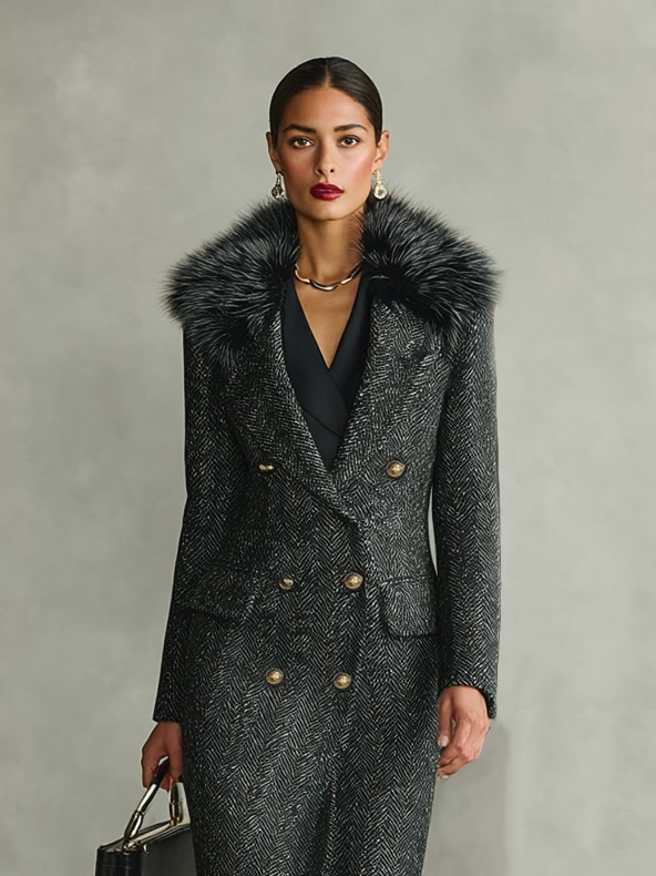 Cappotto lungo con colletto in pelliccia staccabile e design minimalista a spina di pesce