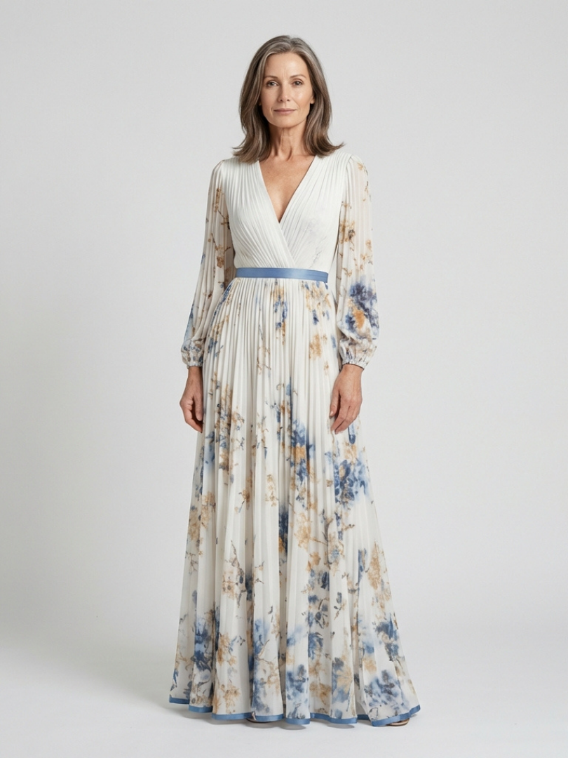 Lavinia | Abito lungo a maniche lunghe con scollo a V e motivo floreale