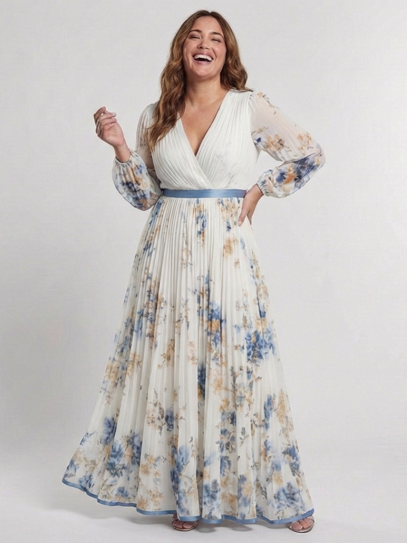 Lavinia | Abito lungo a maniche lunghe con scollo a V e motivo floreale