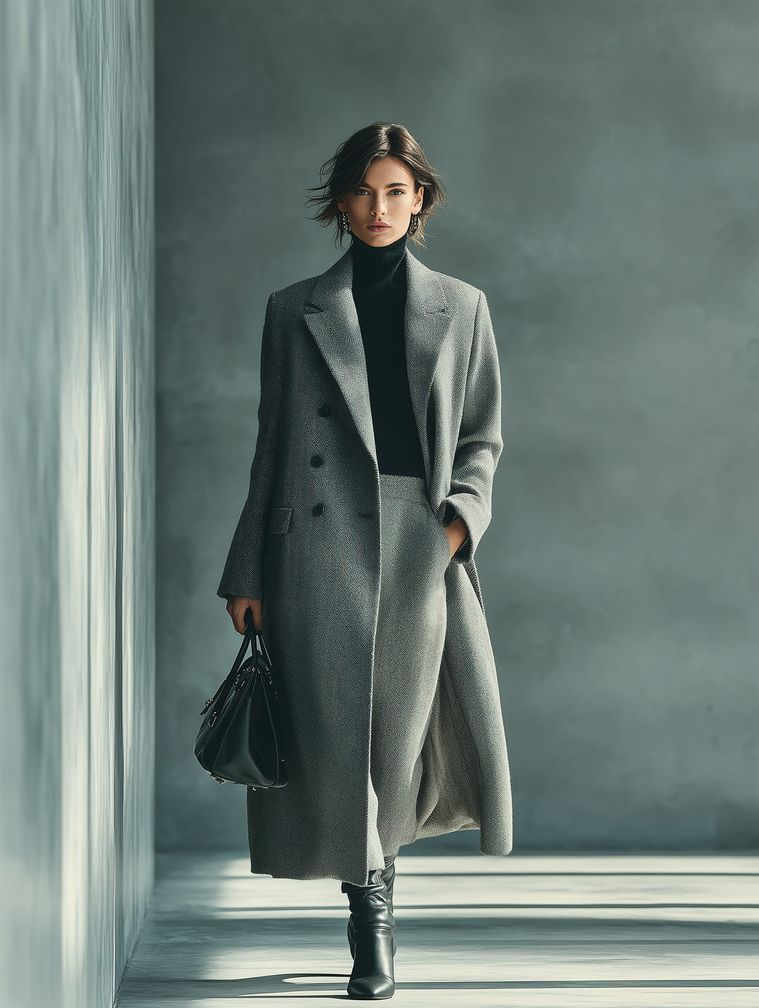 Cappotto grigio in misto lana e fibra con motivo a spina di pesce.