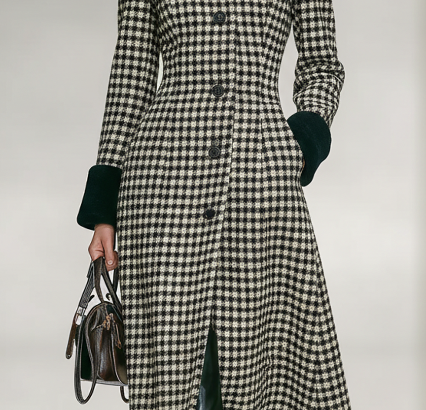 Cappotto lungo a motivo chevron in misto tweed con colletto alto e orlo