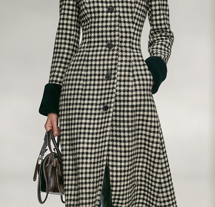 Cappotto lungo a motivo chevron in misto tweed con colletto alto e orlo