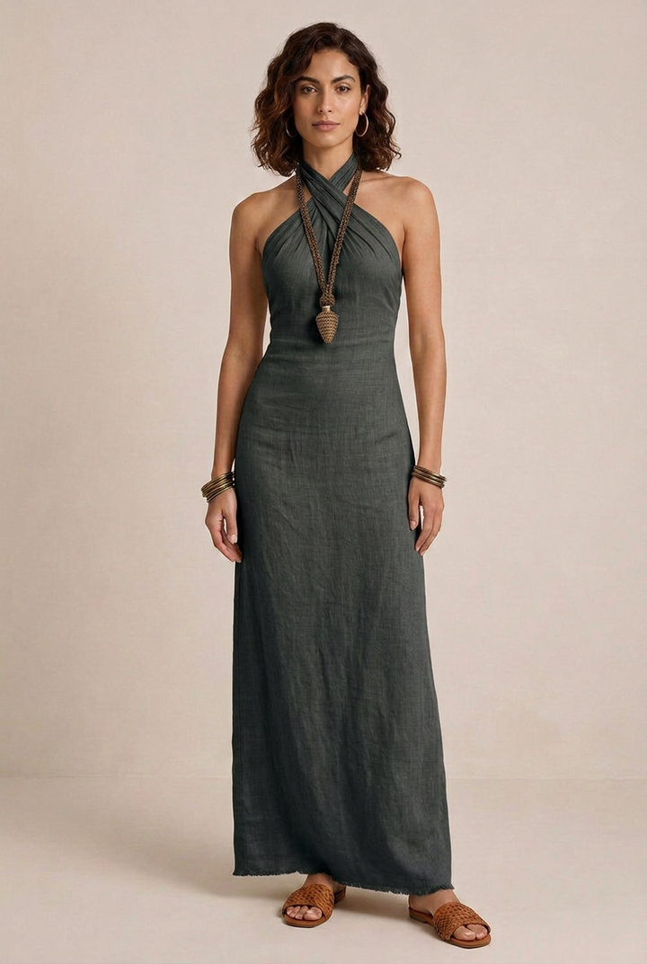 Avelina | Abito maxi con scollo all’americana, voluminoso, in cotone e lino
