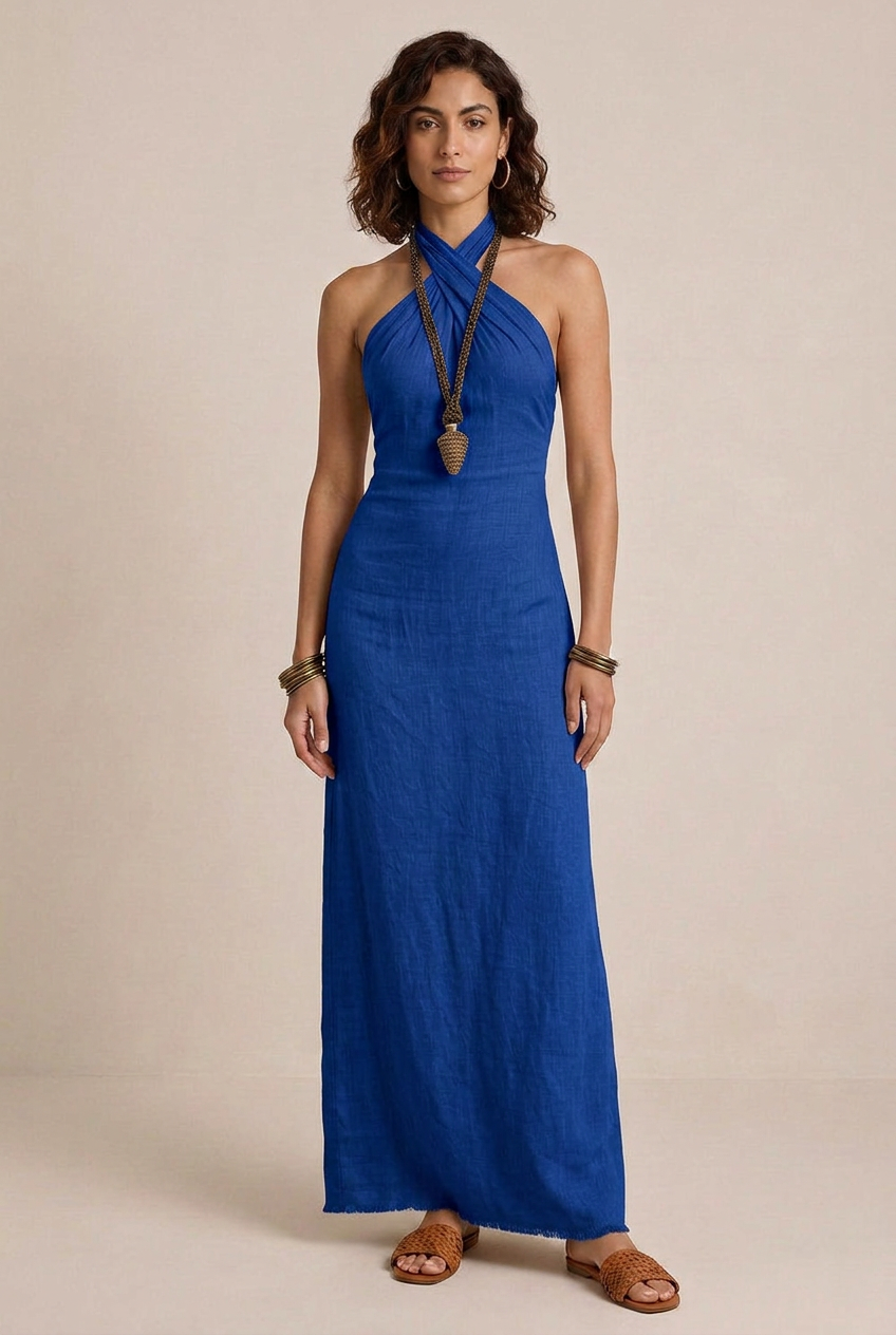 Avelina | Abito maxi con scollo all’americana, voluminoso, in cotone e lino