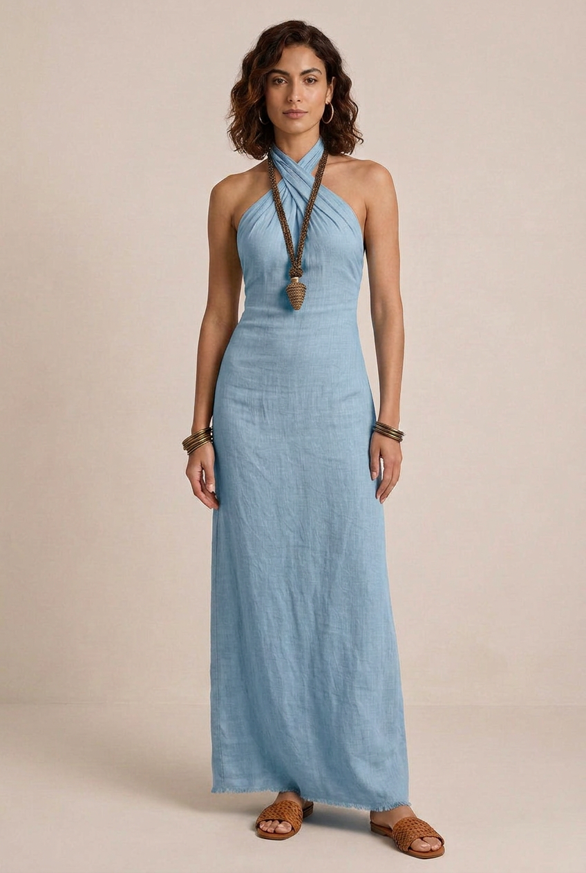 Avelina | Abito maxi con scollo all’americana, voluminoso, in cotone e lino