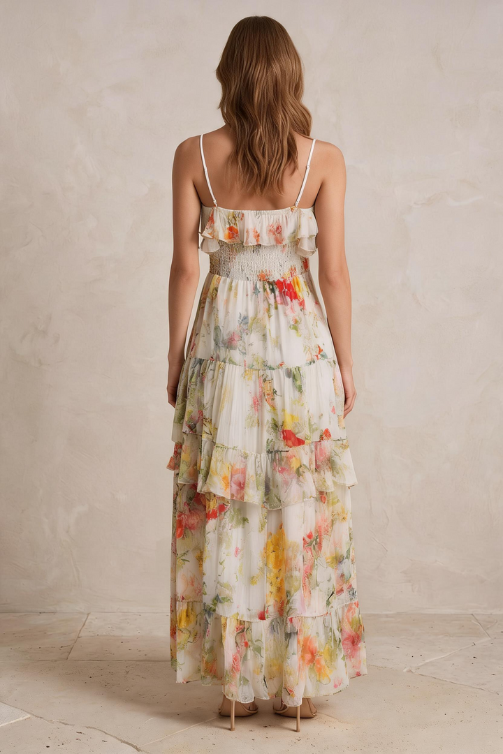ELISA | Maxi Abito Floreale Tiered Chiffon