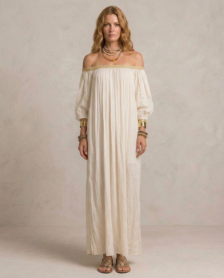 ISABELLA | Maxi Abito Boho Plissé Avorio