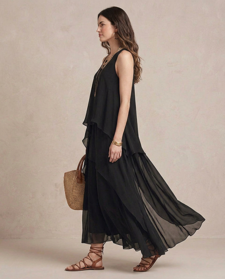 NOEMI | Maxi Abito Boho Layered Chiffon Nero